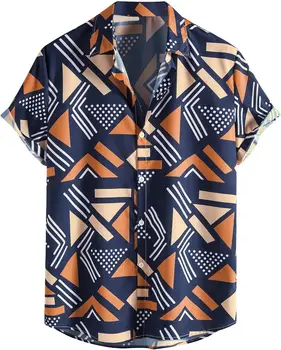 Лято нови мъжки ризи случайни графични Geo 3d печат бутон надолу къс ръкав яка риза върховете мъжки дрехи
