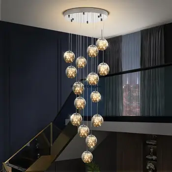 Модерен Led полилей стъклена топка димиране за стълбище хол висулка лампи Начало декор осветление окачване дизайн блясък