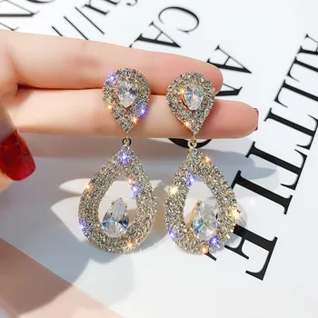 Модерна мода лъскава вода капка диамант кристал обеци за жени 925 сребърна игла луксозни аксесоари за уши бижута подарък