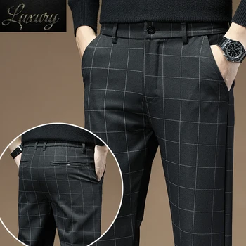 Модни карирани панталони Мъжка марка облекло Черно Пълна дължина Корейски бизнес ежедневни костюми Прав тънък панталон