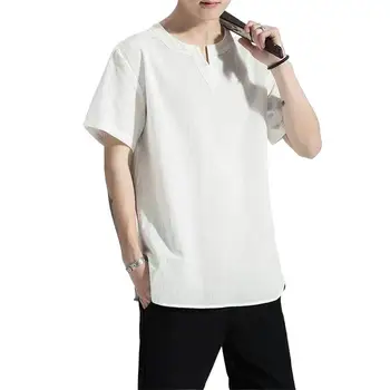 Мъже Голям размер памучни ленени ризи Къс ръкав V-образно деколте твърди ризи Върховете Camisa Masculina риза Streetwear M-7XL 8XL бял черен