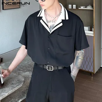 Мъжки ежедневни ризи пачуърк ревера къс ръкав бутон лято улично облекло ризи 2023 мода корейски мъжки дрехи S-5XL INCERUN