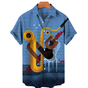Мъжки ризи 3d печат къс ръкав плаж отгоре хавайски риза бутон карикатура извънгабаритни модел музикален инструмент хлабав