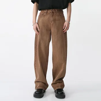 Мъжки улично облекло мода хип-хоп дънки панталони мъже хлабав случайни кафе дънкови дънки панталони прости реколта широк крак прави панталони