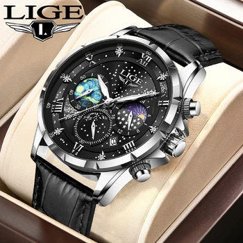 Мъжки часовник LIGE мода луксозен кварцов кожен лунна фаза водоустойчив светлинен ръчен часовник Автоматична дата Бизнес Спорт Man Chronograph