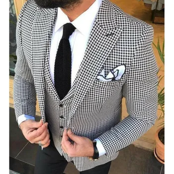 Най-новият дизайн Houndstooth костюми за мъже елегантен връх ревера еднореден 3 парче официален бизнес абитуриентски смокинг мъжки костюм