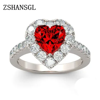 Нов червен цвят циркон сребърен цвят пръстен любов сърце романтичен пръст пръстен за жени сватбени бижута Bague