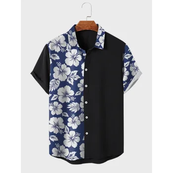 Нова реколта риза за мъже къс ръкав риза 3d пачуърк печат ревера отгоре лятна улица мода блузи мъжки извънгабаритни дрехи