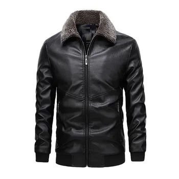 Ново кожено яке мъжки зимни памучни подплатени подплата мотоциклет ветроупорен топло палто мъжки руно яка връхни дрехи 5XL MY314