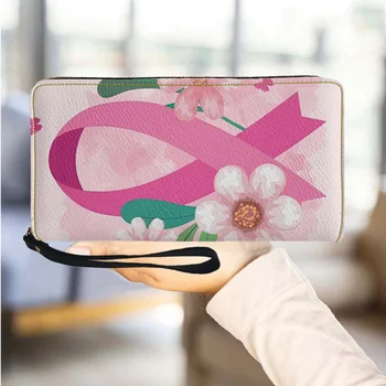 Осведоменост за рака на гърдата Дизайн на марката Кожен портфейл с цип Multi-Card Организатор Притежател на карта Travel Party Малка монета чанта съединител