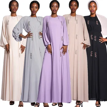 отворен Abaya луксозни диаманти 2 броя мюсюлмански жени кимоно вътрешна макси рокля комплект Дубай Кафтан Турция Арабска роба Мароко Рамадан Кафтан