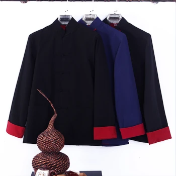 памучен мъжки костюм Tang пролетен и есенен груб плат яке с дълъг ръкав Китайско лаикско облекло Ханфу мъжко cheongsam палто