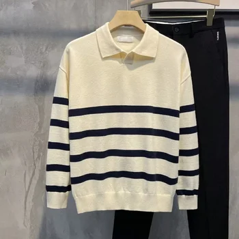 Плетени пуловери за мъже Пуловери Мъжки дрехи Японски Harajuku Моден бизнес Раирана зелена яка голф корейски 2023 Есен