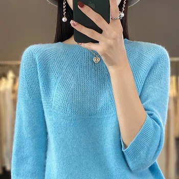 Пролет и лято нови плетени кухи дамски къси ръкави 100% мериносова вълна пуловер жилетка мода корейска риза тениска