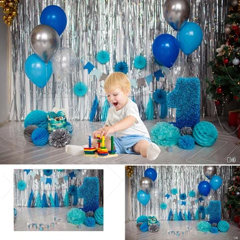 рожден ден балон фотография декори 1-ви бебешки душ Сребърен и син балон и Fiowers фон новородено студио фоторазговори