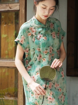 Рокля на жените в китайски стил класически печатни памукЛен хлабав отслабване сплит подобрен Cheongsam средата дължина случайни ретро лято