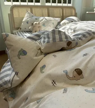 Сладък карикатура слон полка точка синьо спално бельо комплект дете тийнейджър, близнак пълна кралица памук домашен текстил легло лист възглавница случай юрган покритие