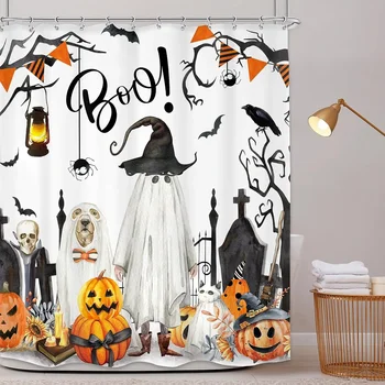 Смешни завеси за душ за Хелоуин Сладка карикатура Призрачна котка Куче Деца Тиква Черно Бяло Есенна надгробна лампа Череп Баня Декор