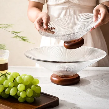 Стъклена тава за плодове Каучукова дървена основа Домакинска маса за чай Лека луксозна плодова плоча с висок крак Десертна плоча