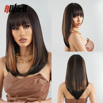 Тъмнокафяви златни синтетични перуки с бретон средна дължина прави естествени перуки за коса за черни жени топлоустойчиви