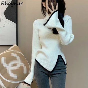 Тънък пуловери жени пуловери страна цепка макет врата елегантен дизайнер корейски модни дрехи свитер женский шик естетика темперамент