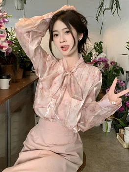 Флорална риза от шифон жени елегантна блуза с дълъг ръкав 2023 пролет нова корейска мода темперамент папийонка розови върхове ризи