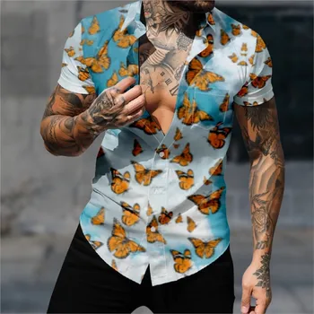 Хавайска риза за мъжка мода пеперуда модел риза 3D печат уютен случаен къс ръкав плаж извънгабаритни дрехи 2