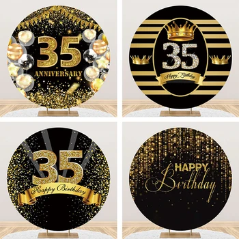 Честит 35-ти рожден ден кръг фон за жена мъж 35 години парти черно злато блясък декорации кръг еластичен фото фон